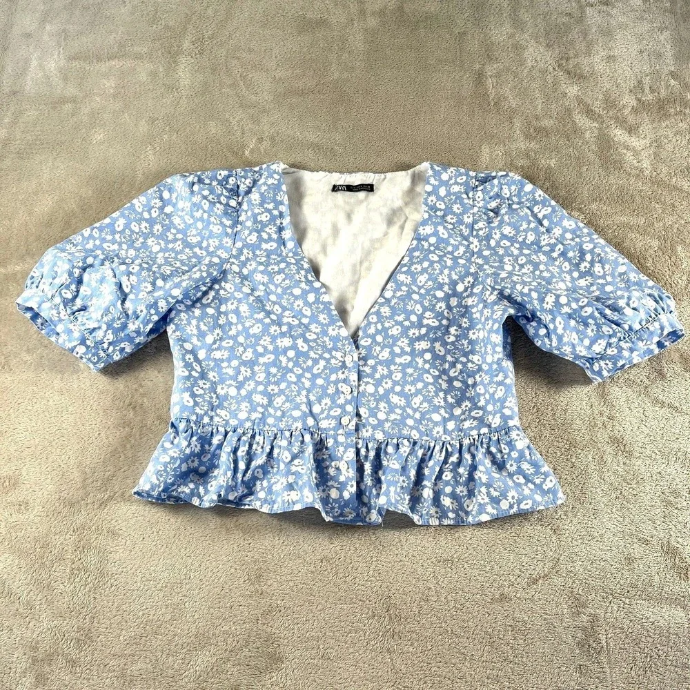 Floral Peplum Blouse S Blue Puff Sleeve V-Neck Top Feminine Romantic Coquette